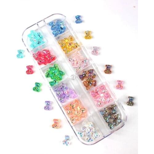 12 grid box 60Pcs 3D Cute Bear/Butterfly Resin Nail Art Decorations Aurora Rhinestone for Nails Glitter DIY Manicure Accessories