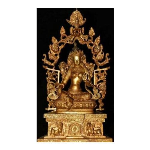 15" Tibet Bronze Gilt Dragon Beast Green Tara Kwan-yin Goddess Buddha Statue