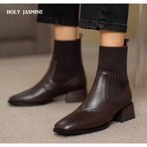 Fashion Woman Ankle Boots High Quality Genuine Leather Handmade 2021 Autumn New Boots High Heels Boots Woman Elastic Band Boots