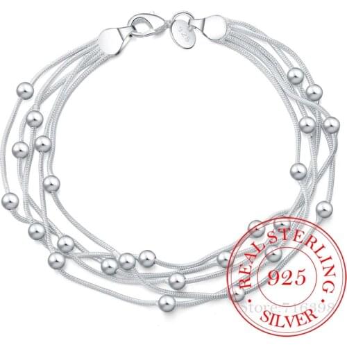 925 Delicate Silver Bracelet, 925 Sterling Silver Jewelry Five Line Beads Ball Bracelets Bangle for Women Pulseiras De Prata