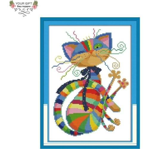 Joy Sunday C609 14CT 11CT Counted and Stamped Home Decor Colorful Cat Needlework Needlepoint Embroidery DIY Cross Stitch kits