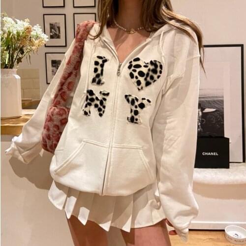 Fashion Tide Women Letters Printed Long Sleeves Zipper White Hoddies With Hats Sweet Stylish Girls Loose Sweatershirts Femme