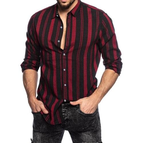 Men Striped shirt long sleeve Cardigan Slim Fit Turn-down Collar Blouses Social Single Breasted Tops Mens Streetwear Clothing