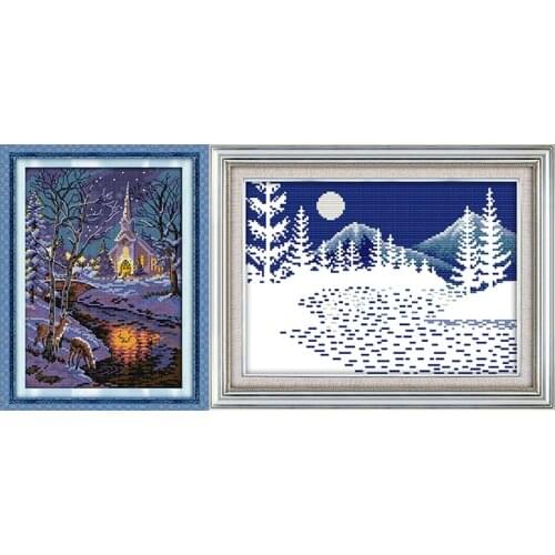 Joy Sunday Scenery Cross-stitch Kit Winter Night Paintings Counted Printed On Canvas 11CT 14CT DIY Embroidery Needlework Sets