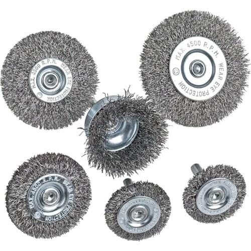 6Piece Wire Wheel Cup Brush Set 0.0118In Coarse Crimped Steel 1/4In Round Shank for Drill