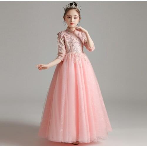 Flower Girl Dress Illusion Embroidery Pearls High Three Quarter Luxury Pink Princess Floor-Length Tulle Lace Kid Party Gown H298
