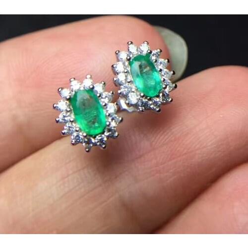 Natural green emerald stud earrings 925 sterling silver natural gemstone earrings fashion round womens party Earrings jewelry