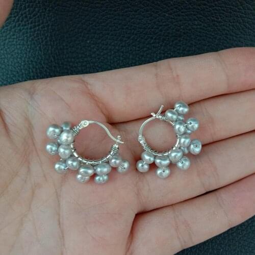 YYGEM natural Gray freshwater Pearl 925 Silver HooP Earrings handmade cute for women