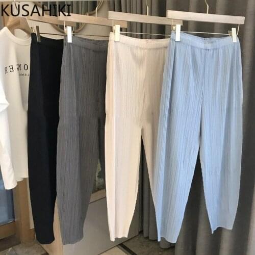 KUSAHIKI 2021 New Pleated Woman Pants Stretch High Waist Ankle-length Trousers Causal Korean Solid Harem Pants Mujer 6L294