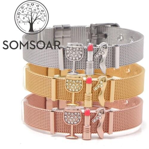 Somsoar Jewelry Newest Mesh Bracelet Bangle Set with high-heeled shoes & lipstick & wine glass Slide Charms
