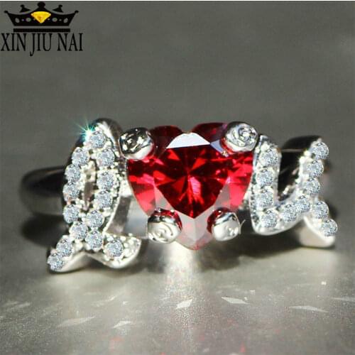 Unique Love pattern Fashion Princess Cut Huge ZC Red Zircon Silver Color Engagement Rings wedding Rings Party Ring wholesale6-10