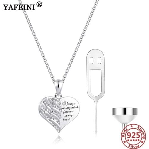 YAFEINI 925 Sterling Silver Heart Urn Necklaces for Ashes Angel Wing 925 Memorial Urns Necklaces Pet Ash Casket Cremation Holder