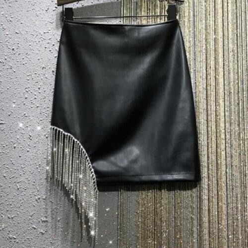 Personality rhinestone tassel irregular pu skirt women spring autumn high waist A-line package hip leather skirt a-line