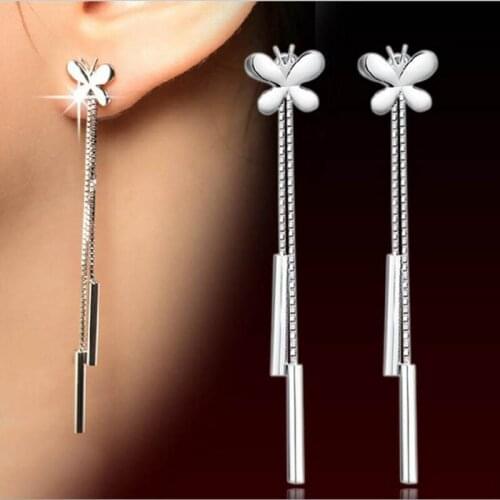 KOFSAC Fashion 925 Sterling Silver Stud Earrings For Women Wedding Party Cute Butterfly Long Tassel Chain Earring Jewelry Gift