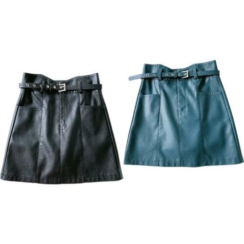 Women Faux Leather High Waist A-Line Button Zipper Mini Skirt with Belt Pockets