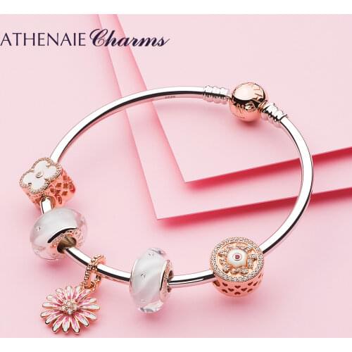 ATHENAIE 925 Sterling Silver Bracelet WIth Silver Alloy Charms Daisy Lucky Clover Beads For Women Jewerly Valentine Day Gift