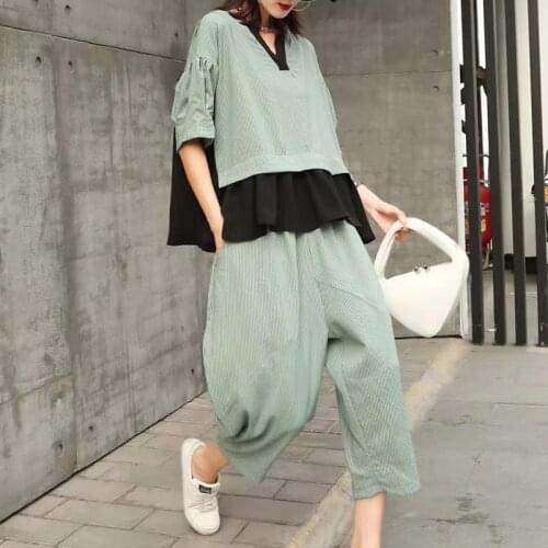 2021Summer New Women V-neck Clothes Loose Striped Tops Shirt+Harem Pants Two-pieces Track Suit Comfortable Female Casual Blouses