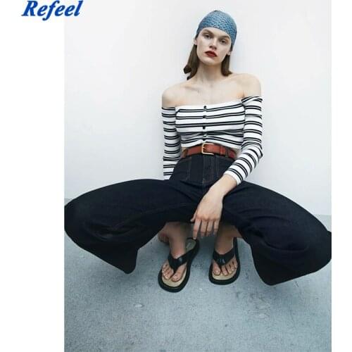 ZA 2021 New High Quality Women Summer Long Sleeve Striped Printed Slash Neck Tank Top Single-breasted Chic Tops