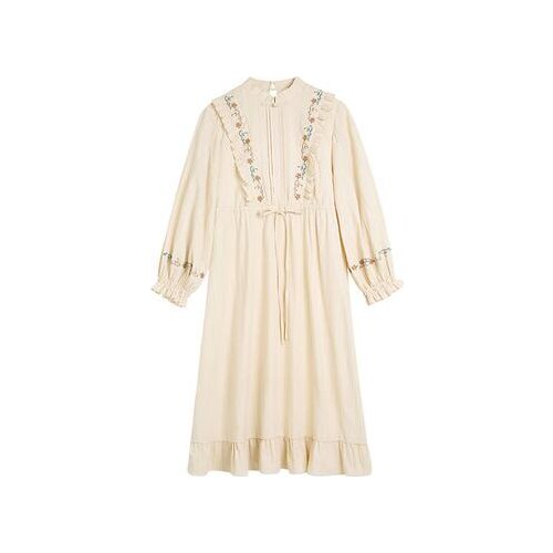 Japan Mori Girl Lantern Sleeve Floral Embroidered Spring Autumn Ladies Vintage Elegant Women Cotton Loose Casual Long Dress