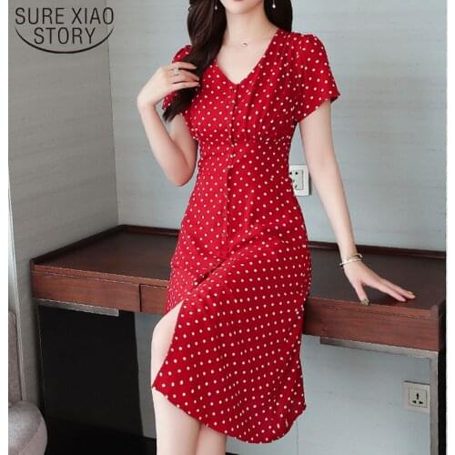 2019 dot A-line office lady chiffon dress Fashion Summer women dresses Empire V-Neck red dress of women Button 3527 50