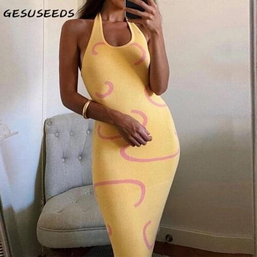 2021 Summer dress women sexy dresses knitted sleeveless halter dress fashion backless midi dresses print bohemian dress yellow