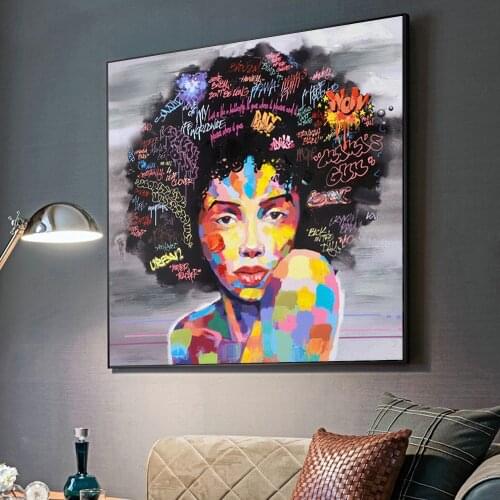Abstract African Girl With Letters Wall Art Canvas Modern Pop Wall Graffiti Art Paintings Black Woman Cuadros Picture Home Decor