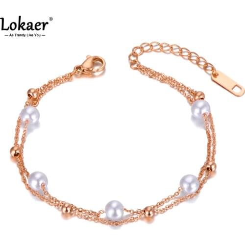 Lokaer Bohemia Double Layer White Pearl Charm Anklets For Women Fashion Titanium Steel Foot Link Chain Anklet Jewelry A21014