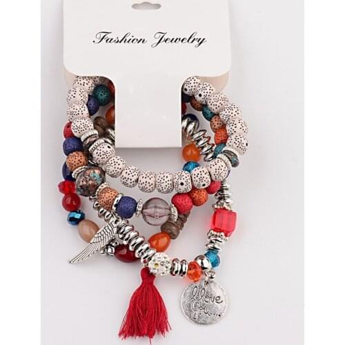 TopHanqi 4PCS/Set Bohemian Vintage Cute Wings Charms Bracelet For Women Matte Crystal Stone Beads Tassel Bracelets Set Jewelry