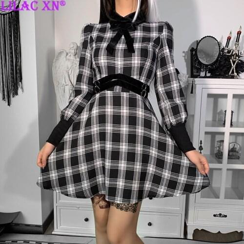Y2K Harajuku Black Plaid Mini Dress Elegant Vintage Long Sleeve Patchwork A Line Autumn Party Dresses for Women Girls Streetwear
