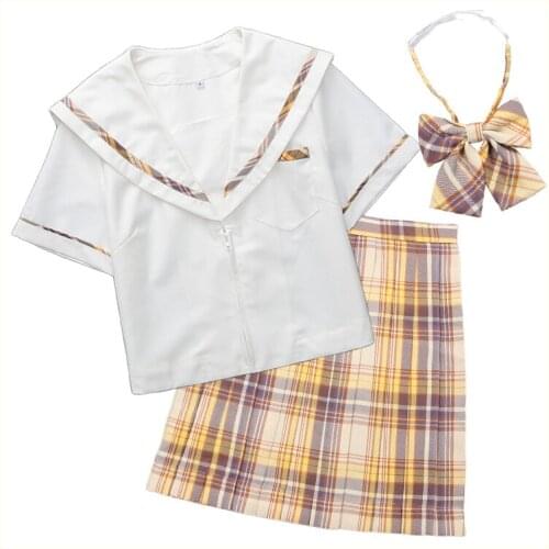 Sweet JK Girl School Uniform Set: Yellow Plaid Pleated Skirt + Sailor Collar T-Shirt Short Sleeve A-Line Skirt Necktie Bow Tie