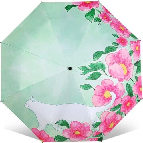 Fashion Art Illustration Cartoon Cat & Flower Sun Umbrella 4 Folding Thickening 8 Rib Sunshade Women Umbrellas Guarda Chuva