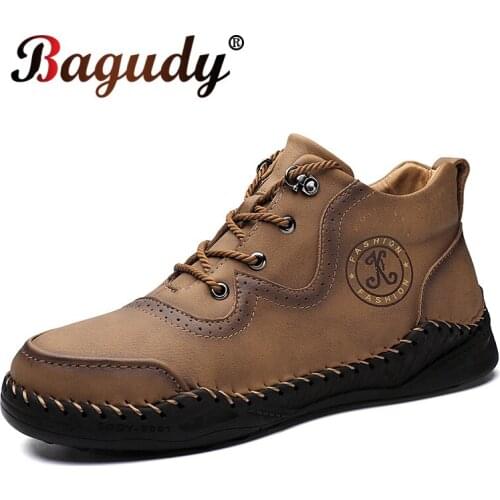 Mens Leather Boots Winter Plush Warm Men Snow Boots Waterproof Outdoor Men Work Boots Shoes Non-slip Mens Motorcycle Boots