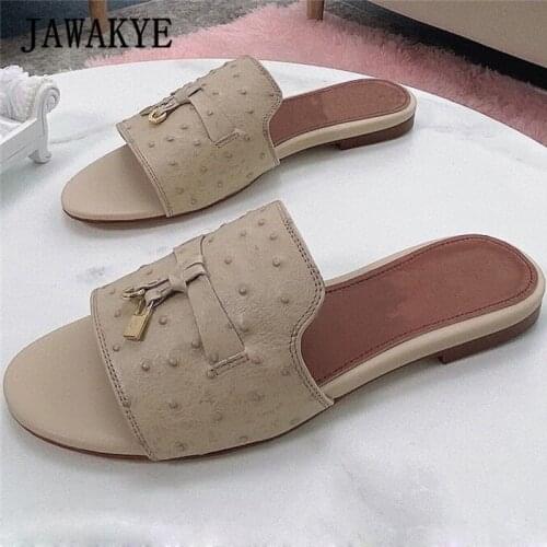 Summer Walk Slides Women Metal Tassel Open Toe Flat Mules Point Decor Leather Slippers Fashion Casual Dress Women Shoes