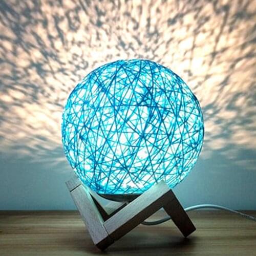 Desk Accent Table Lamp, Rattan Ball LED Nightstand, Creative Bedside Bedroom Night Desk Light with Wooden Base Home Decor