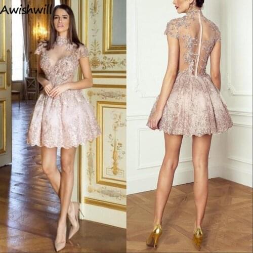 New Fashion High Neck Illusion Cap Sleeves Lace Appliques Homecoming Dresses