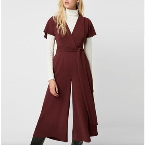 Solid V-Neck Lace-Up Female Jumpsuit Short Sleeve Corset Rompers Straight Wide Leg Calf-Length Pants Elegant Casual Autumn 2021