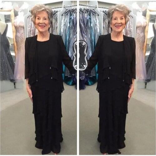 Two Pieces Mother Of The Bride Dresses with Jacket Black Chiffon Tiered Plus Size Formal Gown For Mothers vestido de festa