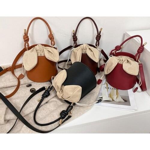 Bowknot Portable Solid Bucket Bag Women High Quality PU Designer Messenger Bag for Women Fashion Black Casual Luxury Handbag