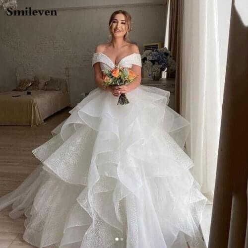 Smileven Ivory Princess Wedding Dress Ball Gown Shiny Glitter Tulle Off The Shoulder Tiered Bridal Gown Robe de mariage