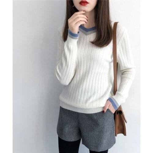 V-neck long-sleeved knit bottoming shirt womens slim-fit inner-fit sweater short color-block sweater autumn and winter