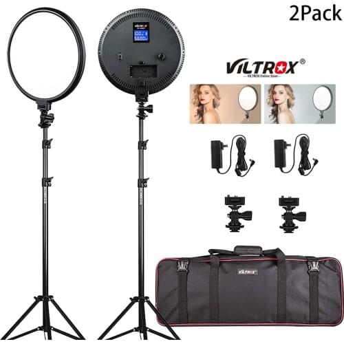VILTROX 2pcs 25W Ultra Thin Bi-Color LED Video Lighting Kit 10-inch Round Light with Light Stand for Studio Shooting Photography