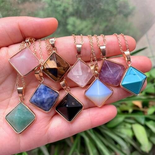 Reiki Healing Jewelry Natural Stone Quartz Pendulum Lapis Opal Pink Crystal Necklace Pyramid Pendant Amethysts Necklace Women