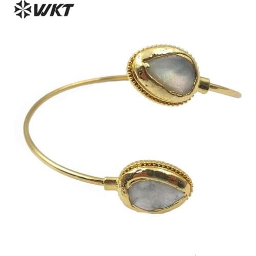 WT-B507 Natural Shell Bracelet Teardrop Double Gold Trim Shell Bangle Gold Electroplated wristband Fashion Woman Shell Bracelet