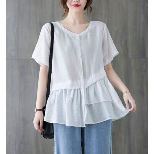 Oversized Women Cotton Casual Shirts New 2021 Summer Vintage Style V-neck Solid Color Loose Female Short Sleeve Tops S3904
