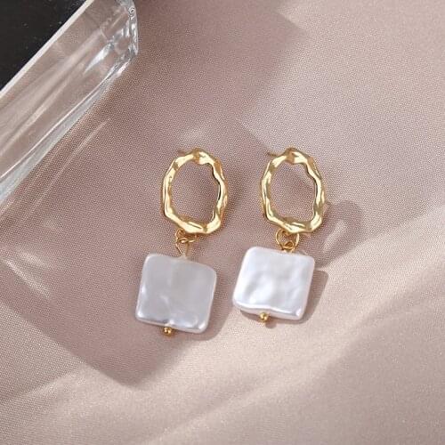 Korean Simulated Pearls Dangle Earrings Gold Color Metal Pendientes Geometric Irregular Circle Square Earrings For Women Jewelry
