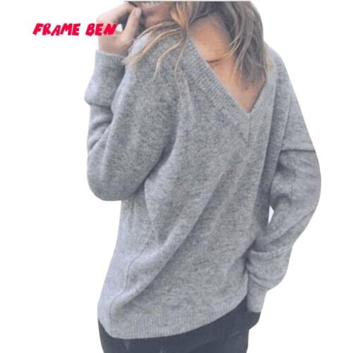 Sweaters for Women Long Sleeve Solid Color Pullover Women 2019 Autumn Winter Sexy V-neck Backless Knit Top