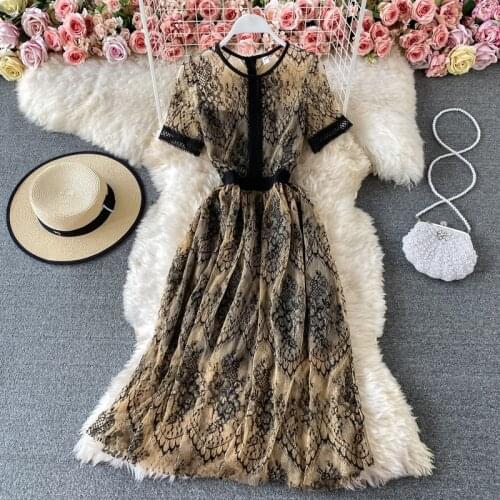 Womens spring summer runway fashion sexy lace dress female short sleeve chic travel vintage lace dress TB1474