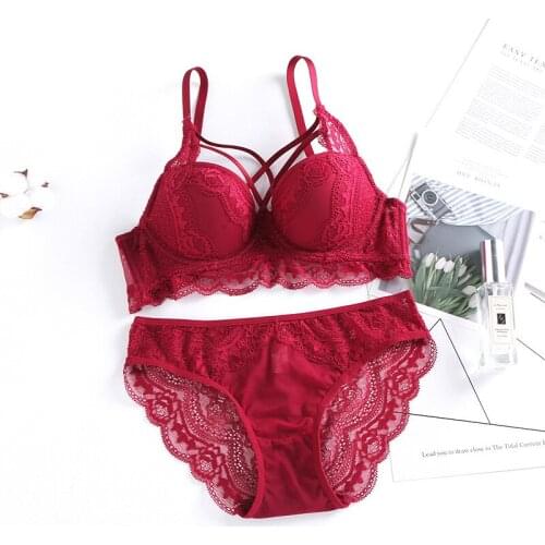 2020 Sexy High Quality Women Solid Color Lace Bra Set Silk Lace Push up Plus Size Underwear Bow Bra and Hollow Panties Set