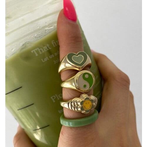 3Pcs Korean Style Green Rings for Women Punk Trendy Vintage Heart Ring Small Daisy Flower Rings Party Couple Rings