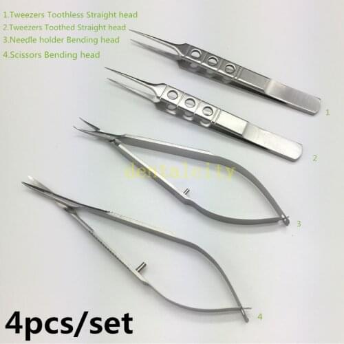 4pcs/set stainless steel surgical tools 12.5cm scissors+Needle holders +tweezers ophthalmic microsurgical instruments